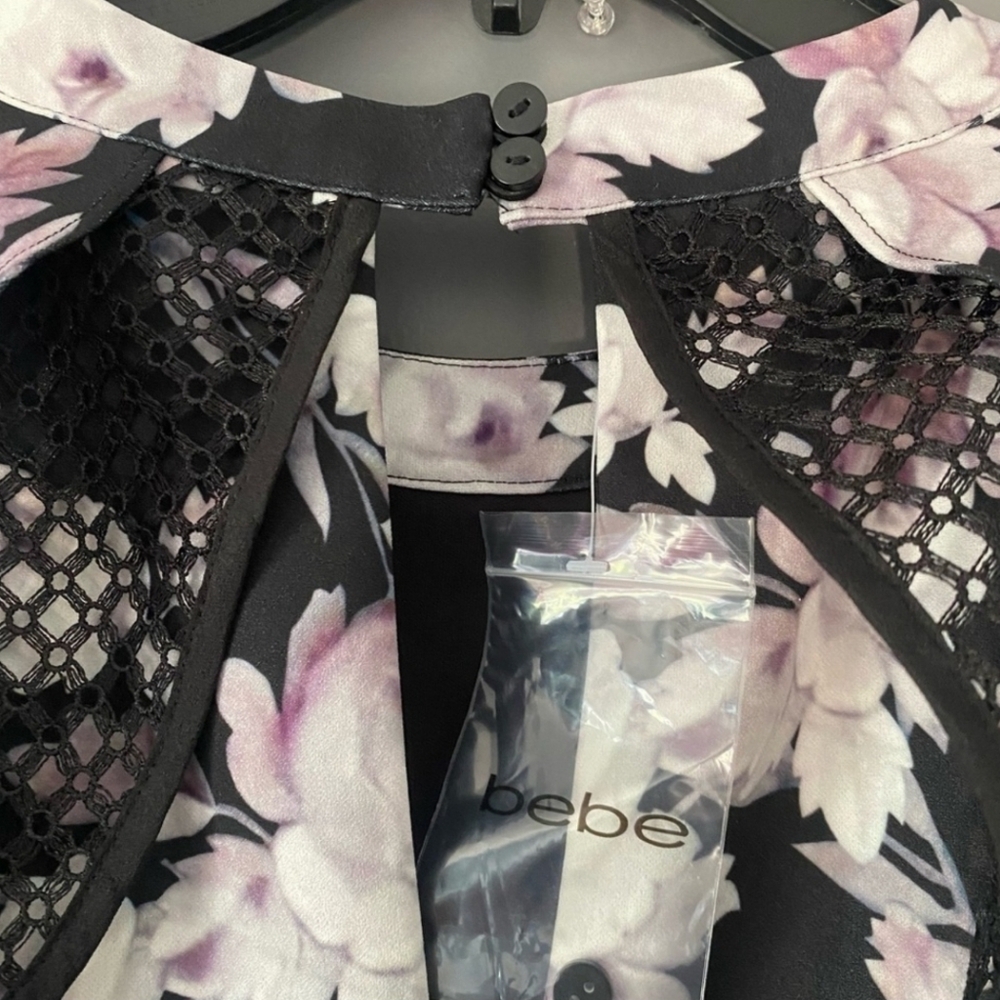 Bebe 8 Black & Pink Floral Mini cocktail dress Cold Shoulder Ruffle - Picture 9 of 16